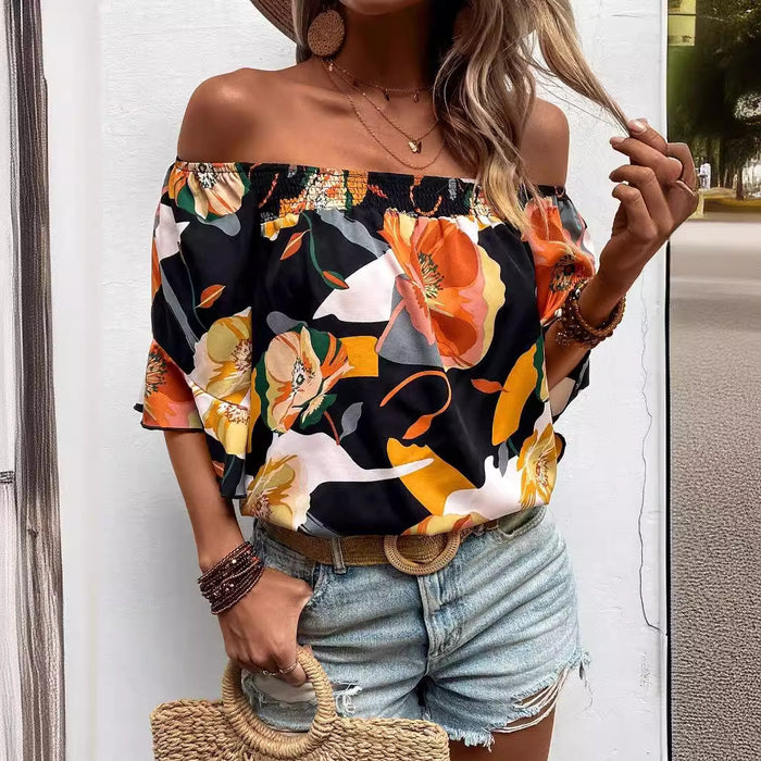 Women Clothing Seller Summer Smocking Floral Floral Print Off Shoulder Short Sleeve Women Lining