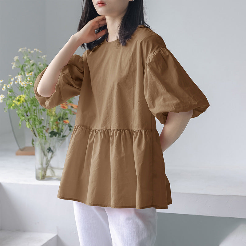 Japanese Korean Summer Short Sleeved Round Neck Shirt Women Lace Up Lantern Sleeve Minimalist Solid Color Top