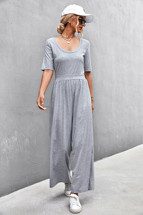 Spring Summer Short Sleeve U Collar Loose Wide Leg Jumpsuit