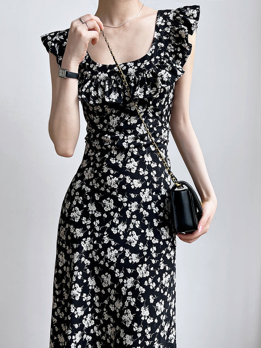 Square Collar Ruffled Floral Dress Women Summer Flying Sleeves Elegant Hepburn Dress