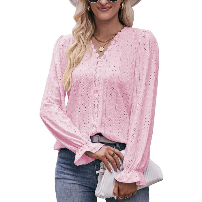 Autumn Women Clothing Solid Color T shirt Hole Lace V neck Long Sleeve Top