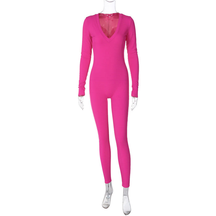 Women Clothing Spring Solid Color Slim Sports Long Sleeve Jumpsuit