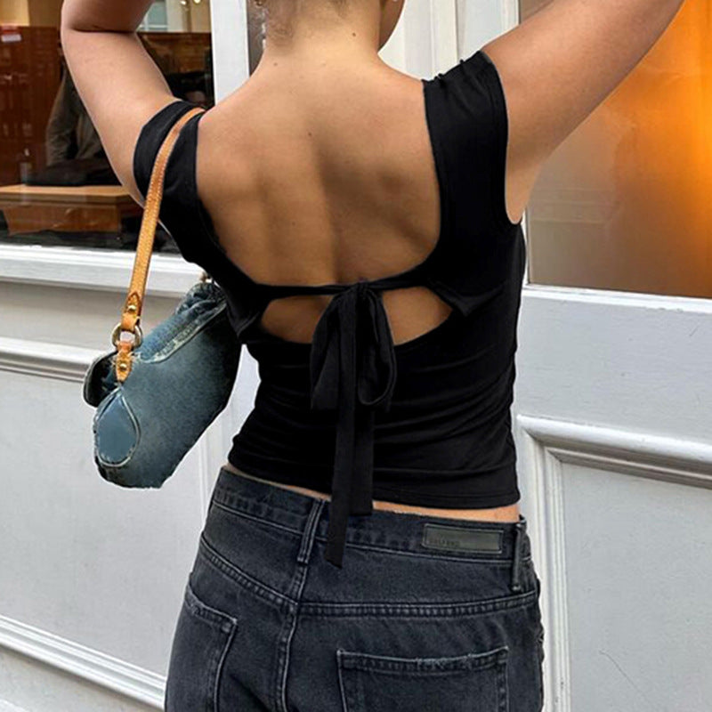 Sexy Back Hollow Out Cutout out Strap Design Sexy Backless Solid Color Slim Vest Top Spring Summer