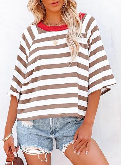 Women Summer Striped T shirt Short Sleeve Color Matching Design Loose Basic T shirt Top