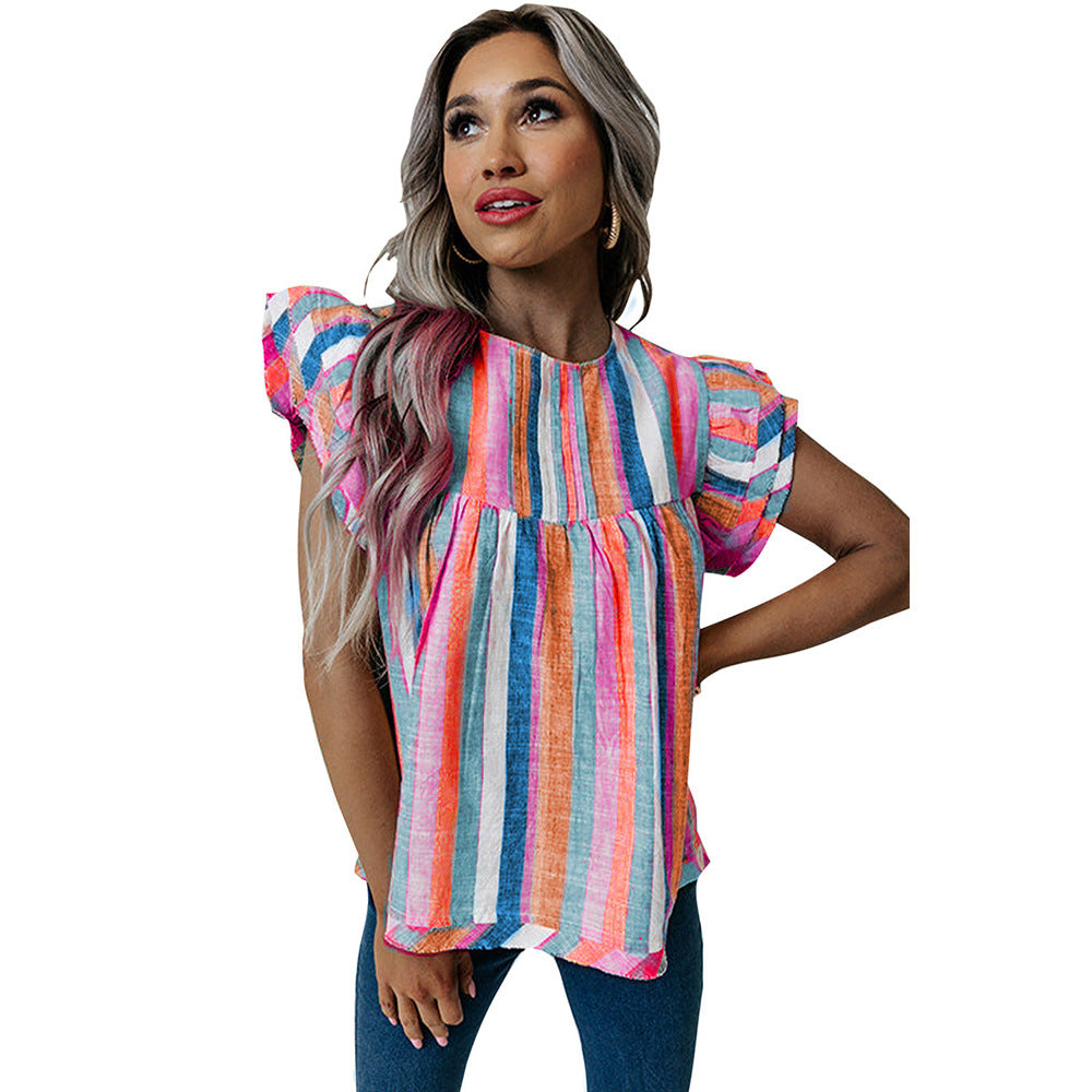 Vertical Striped Oversleeves Top Women Design Loose Pullover T shirt