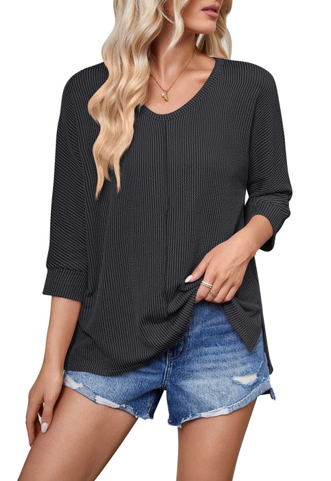 Women Clothing Summer Casual Contrast Color Wave Striped Bat Eight Quarter Sleeve T shirt for Women