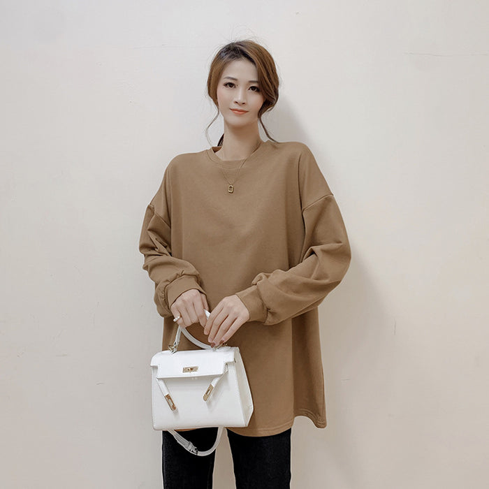 Korean Autumn Winter Women Solid Color Loose Mid Length Sweater Women Casual Cotton Top Women