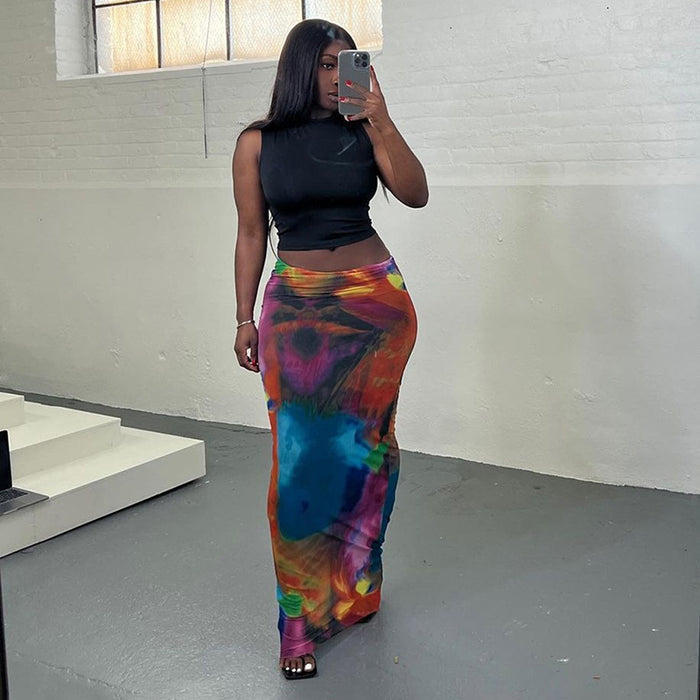 Women Summer Casual Painted Print Bare Cropped Slim Fit Sheath Long Skirt