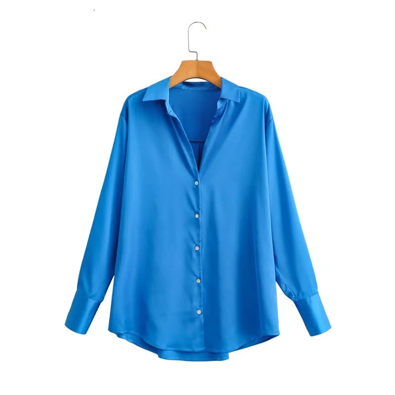 Women Clothing Spring New Fashion Silk Satin Texture Loose Lapels Shirt