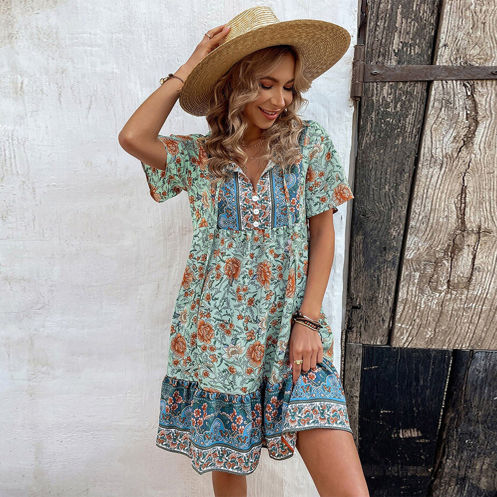 Woven V neck Loose Casual Printed Hem Holiday Dress