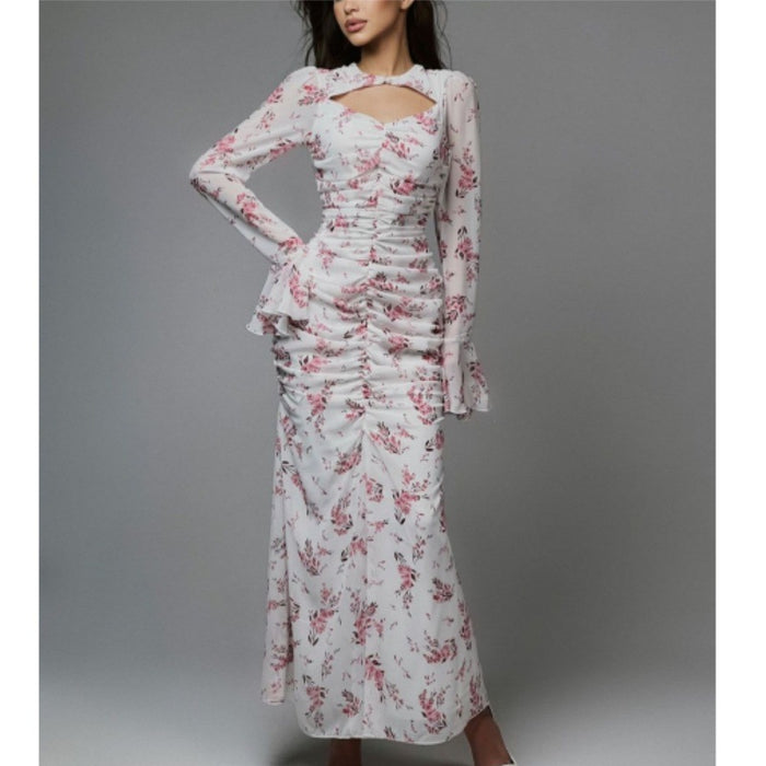 Women Spring Summer Pleated Advanced Printed Chiffon Women Length Dress