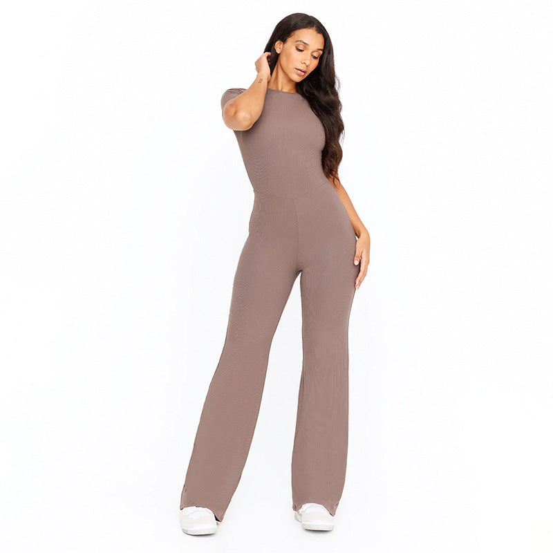 Summer Casual Solid Color Basic Shoulder Short Sleeve One Piece Trousers Sexy Tight Jumpsuit Trousers for Women