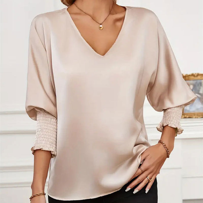 Smocking Batwing Sleeve Loose Top Women V neck Solid Color Shirt Women Spring Summer