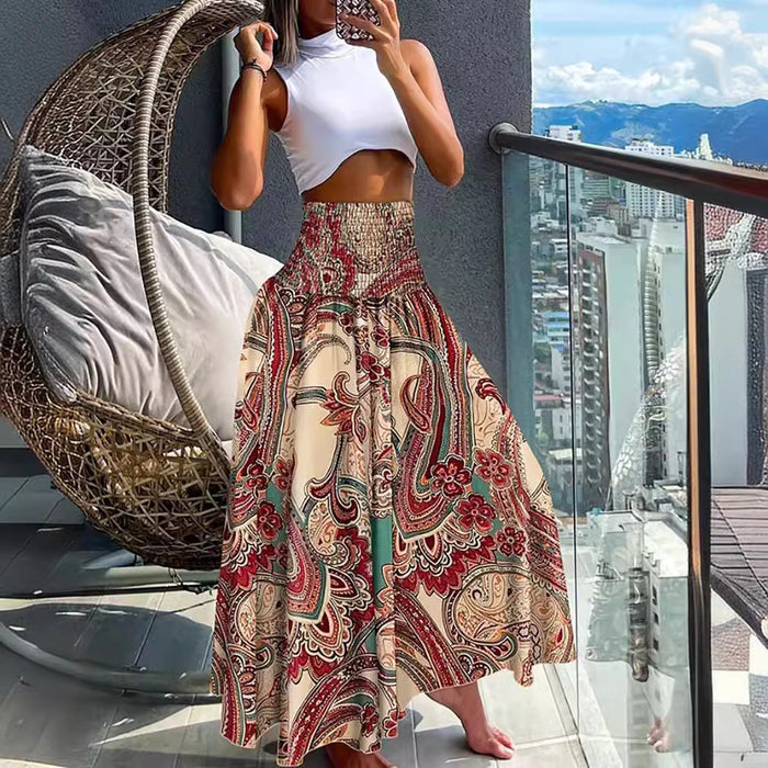 Women Clothing Bohemian Printed Elastic Waist Midi Skirt