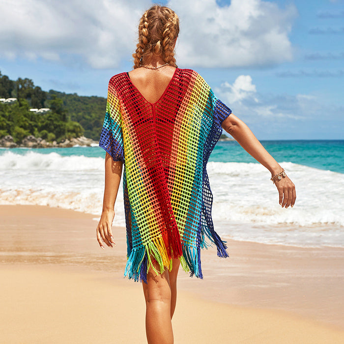 Rainbow Color Hollow Out Cutout Beach Cover up Seaside Holiday Bikini Cover Swimsuit Outwear Sun Protection Clothing