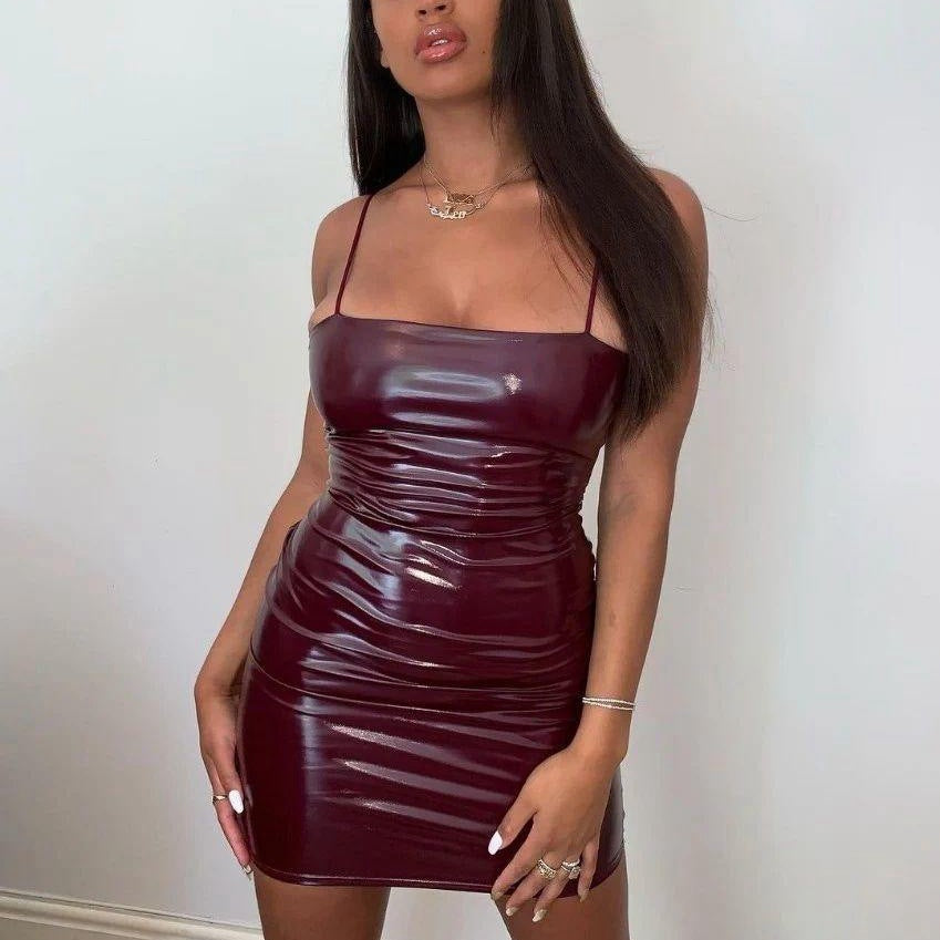 Faux Leather Sexy Sling Waist Tight Hip Dress Women Clothing