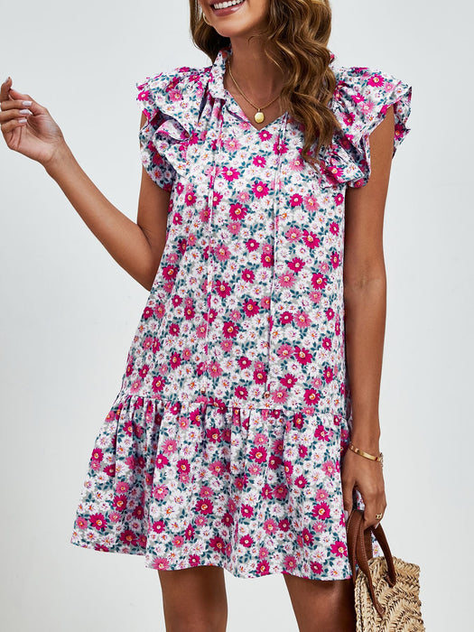 Printed Layered Stitching Dress Pocket Ruffled Sleeveless V neck Knee Length Dress