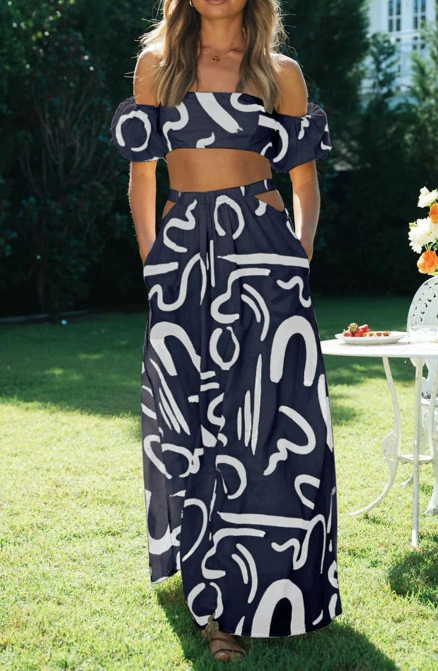 Women Clothing Summer Puff Sleeve Top Hollow Out Cutout Large Swing Dress Split Skirt Set