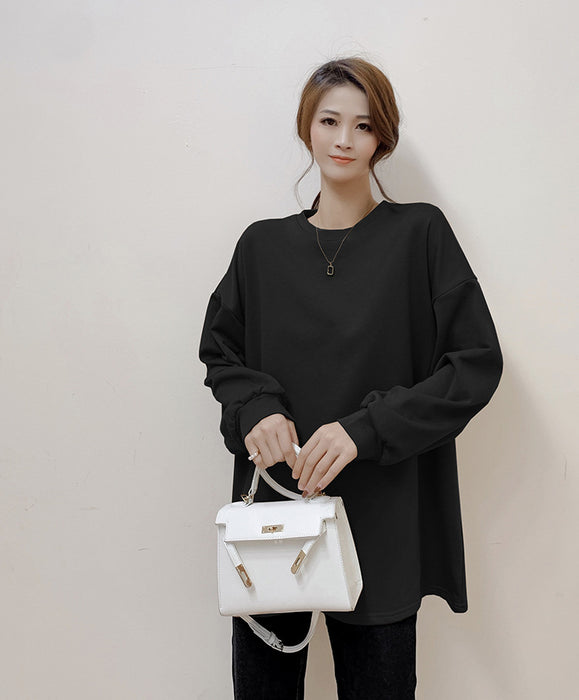 Korean Autumn Winter Women Solid Color Loose Mid Length Sweater Women Casual Cotton Top Women