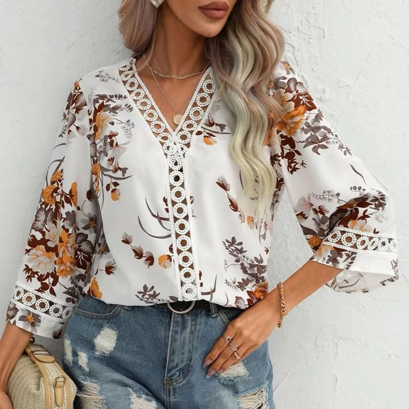 Summer Autumn Lace Bell Sleeve V Neck Loose Printed Chiffon Shirt