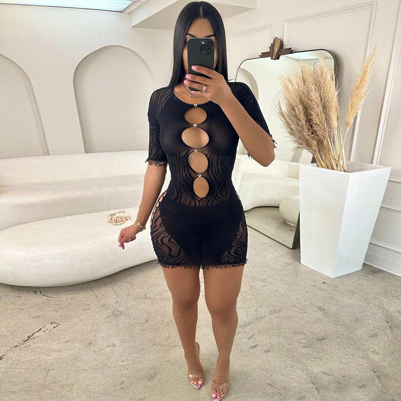 Women Solid Color round Neck See through Stitching Mesh Slim Fit Sexy Cutout Half Sleeve Lace Dress