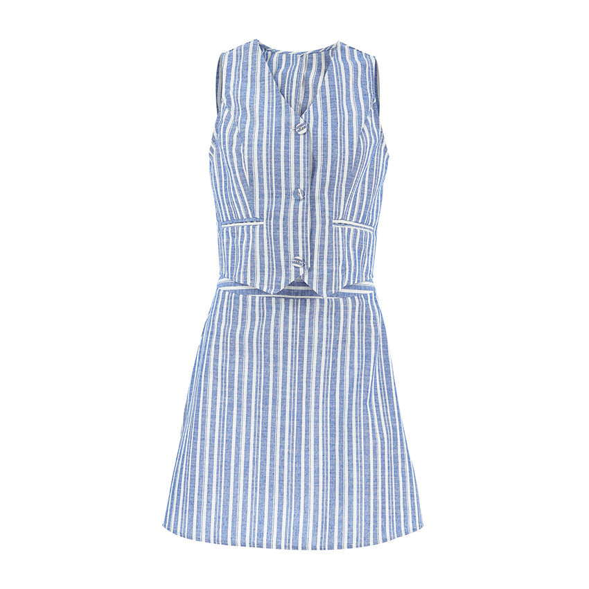 Slim Fit Slimming Summer Fresh Striped Cotton Linen Sleeveless Vest Short Skirt Two Piece Summer Commuting Skirt Set