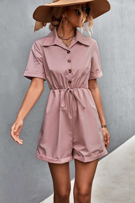 Spring Summer Popular Shirt Collar Short Sleeve Lace-up Romper