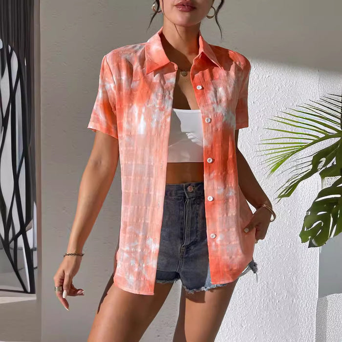 Women Clothing Summer Tie Dyed Slim Shirt Collar Short Sleeve Women Shirt