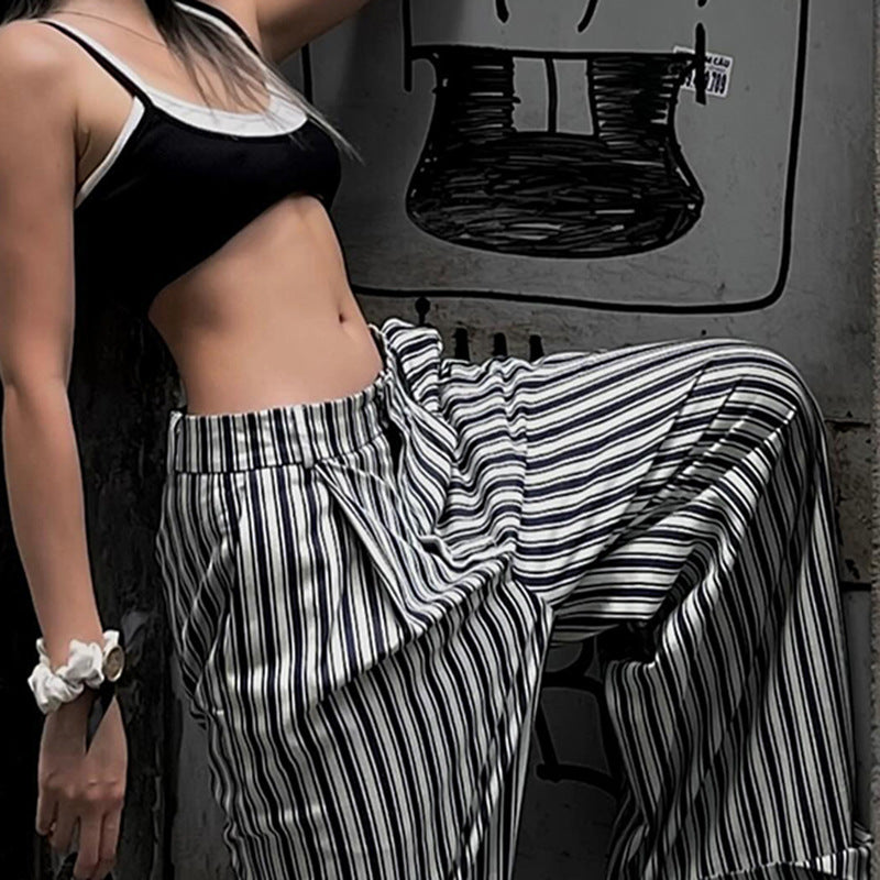 Sexy Striped Loose Casual Low Waist Tooling Waist of Trousers Head Pleated Design Wide Leg Straight Mop Pants