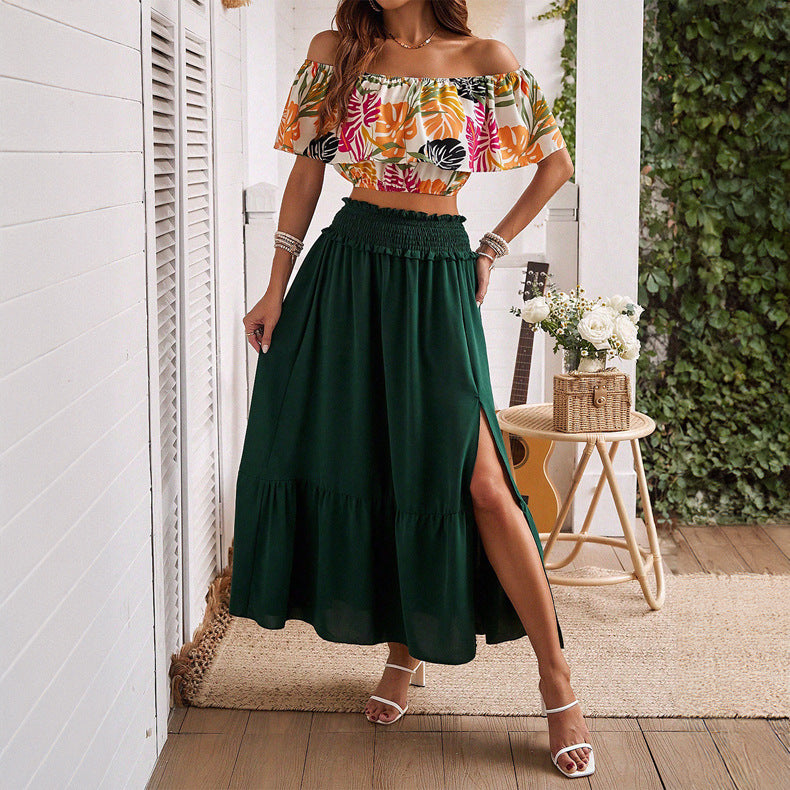 Women Clothing Spring Summer Elegant Printing Color Contrast Strapless Skirt Set