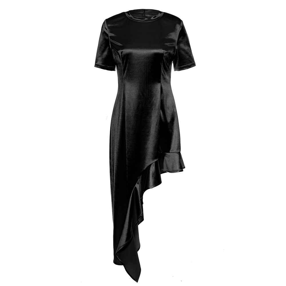 Round Neck Short Sleeve Wave Ruffled Irregular Asymmetric Dress T shirt Women