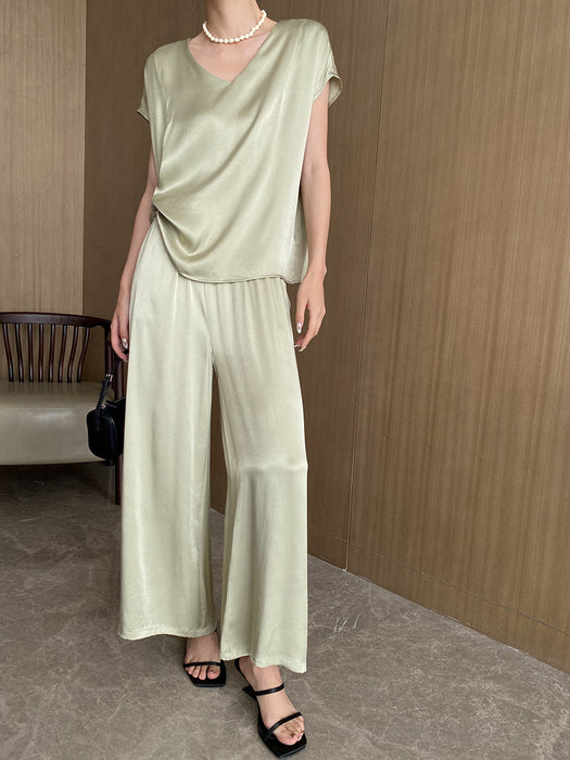 Loose Draping Satin Rayon V Neck Sleeveless Jacket Short Sleeved Wide Leg Pants Two Piece Set