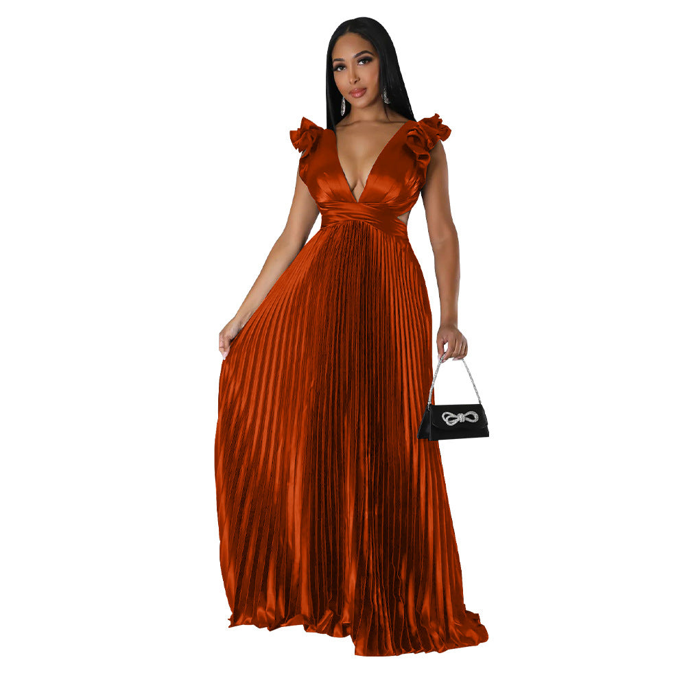 Women Clothing Artificial Silk Sexy Backless Deep V Plunge Pleated Dress Long Dress