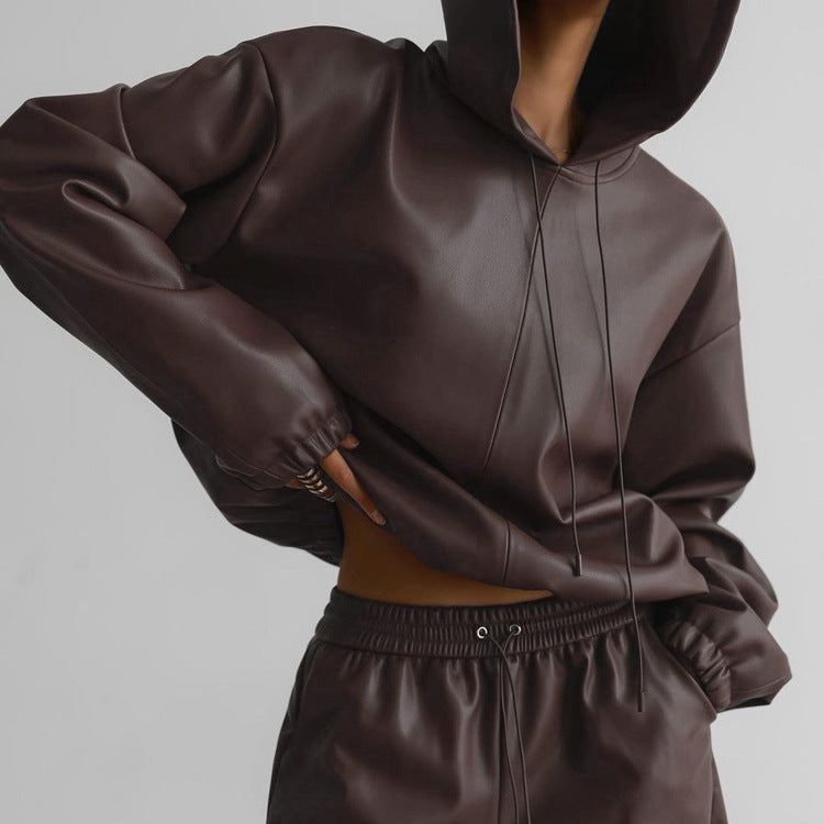 Spring Hooded Leather Sweater Women Shorts Suit Street Trend Women Clothing Two Piece Set