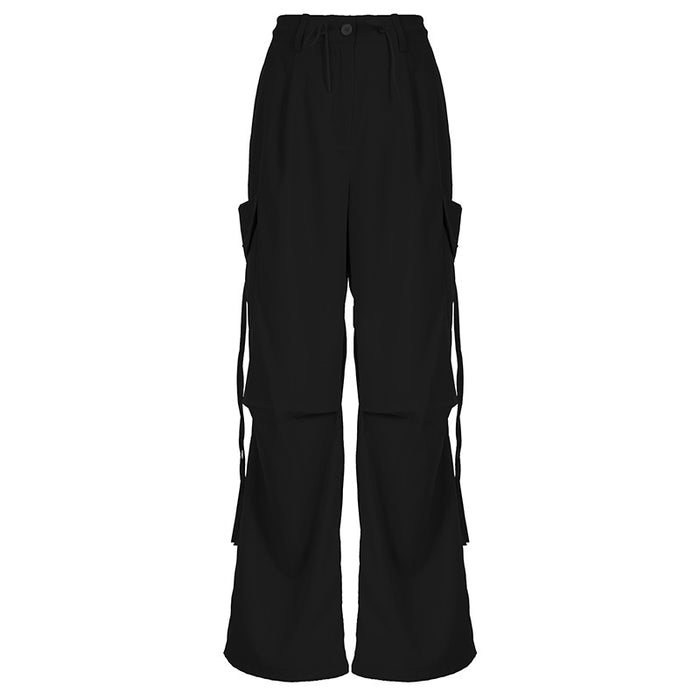 Street Three Dimensional Large Pocket Ribbon Design Loose Lace up Overalls Sexy Casual Slimming Wide Leg Pants