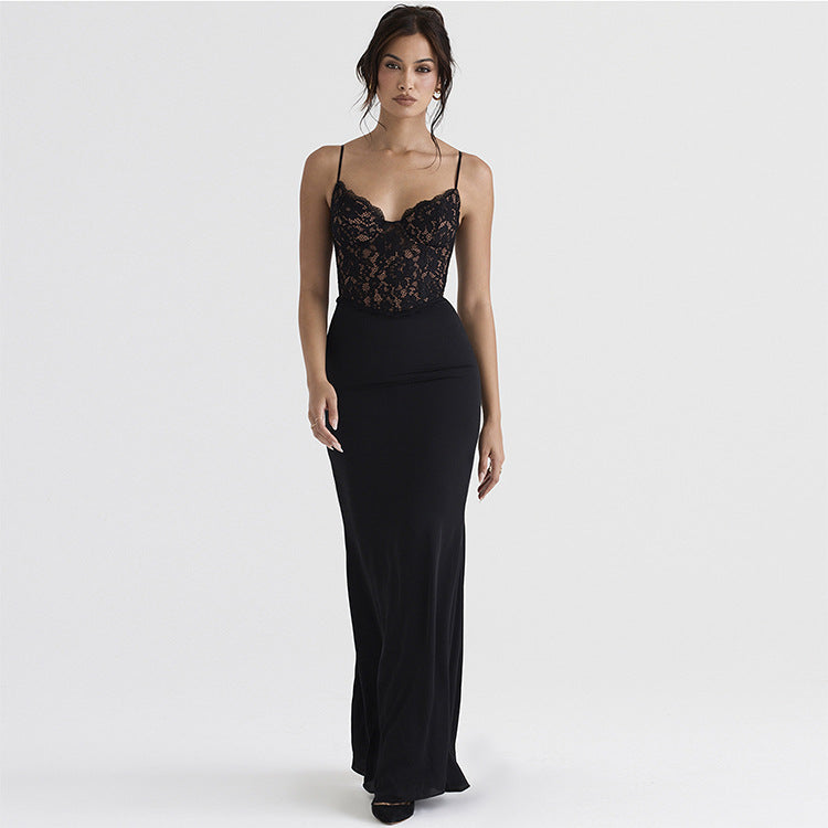 Women Lace Sexy High Waist Slimming Dress Deep V Plunge Strap Fishtail Gown