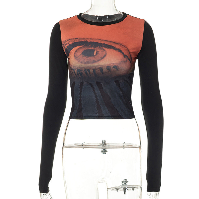 Autumn round Neck Pullover Long Sleeve Printed Cropped Casual Women Clothing Top