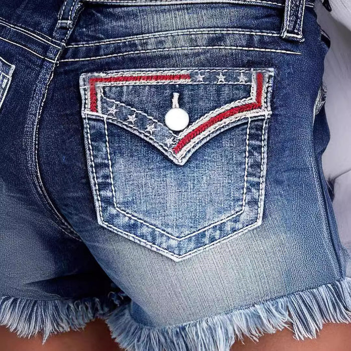 Embroidered Frayed Denim Shorts for Women