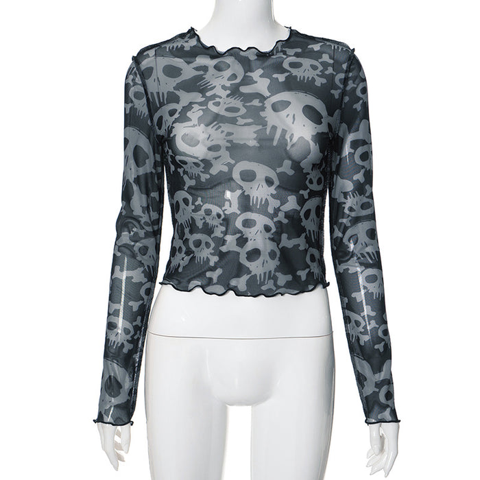 Dark Skull Print Long Sleeve Mesh round Neck Pullover Top Women Slim Fit