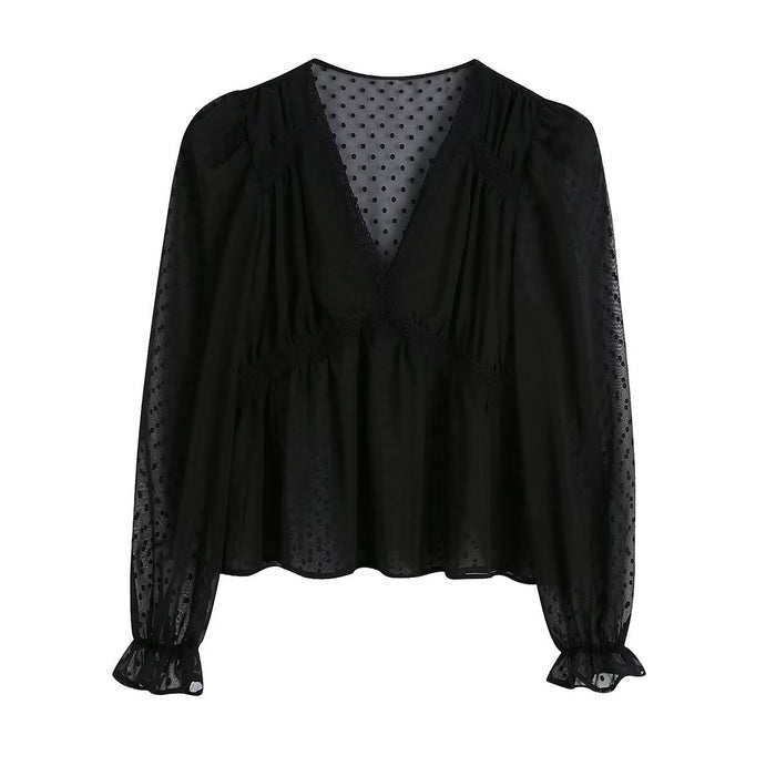 Women Sexy Slim Black Lace Trim Shirt