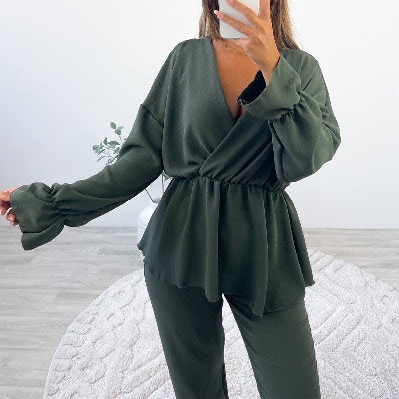 Autumn Casual Set V neck Long Sleeve Waist Tight Pullover High Waist Cropped Pants Two Piece Set