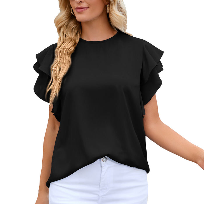 Summer Women Clothing round Neck Ruffle Sleeve Chiffon Shirt Top