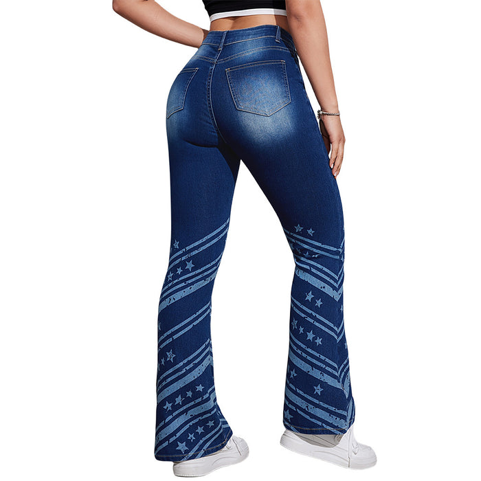 Weila Jeans Spring Summer Women Denim Mid High Stretch Printed Casual Trousers Bell Bottom Pants