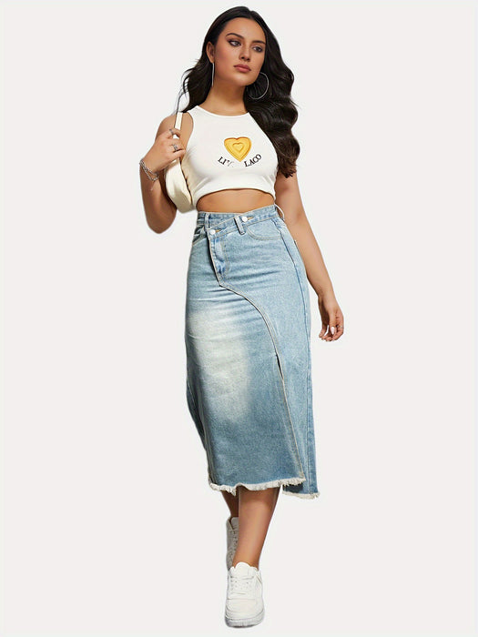 Autumn Retro Denim Skirt Women Fashionable with Side Slit Stitching Mid Length