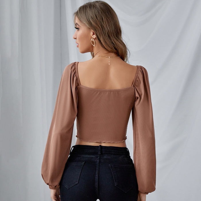 Sexy Slim-Fit Low-Cut Cropped Shirt Short Top Lantern Sleeve Drawstring Wooden Ear Knitted Long-Sleeved T-shirt