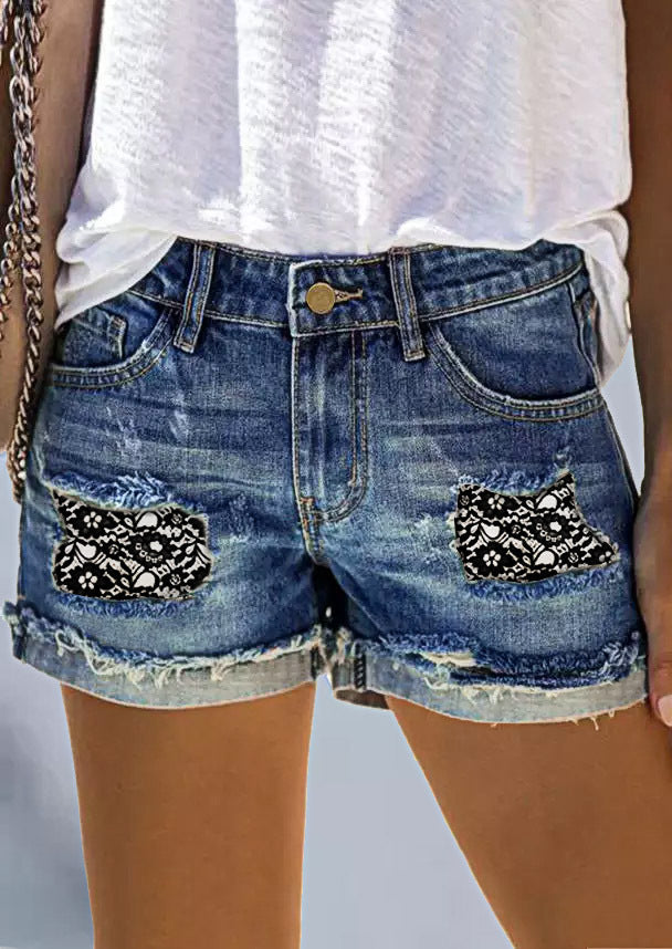 High Waist Ripped Jeans Women Street Hipster Patch Printed Denim Shorts