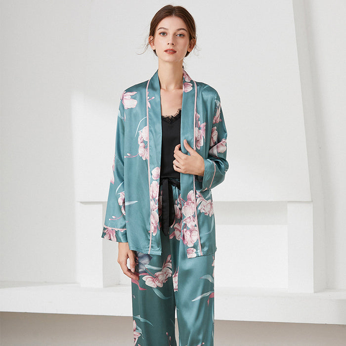 Simple Women Suspender Trousers Home Wear Mid Length Printed Lace Bathrobe Comfortable Thin Pajamas Three Piece Set