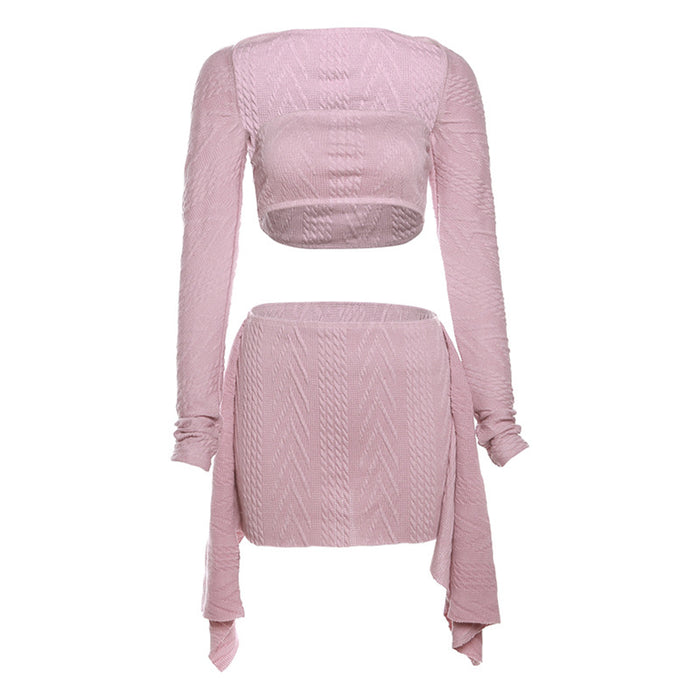 Women Clothing Autumn Winter Sexy Tube Top Solid Color Long Sleeve Blouse Knitted Skirt Outfit