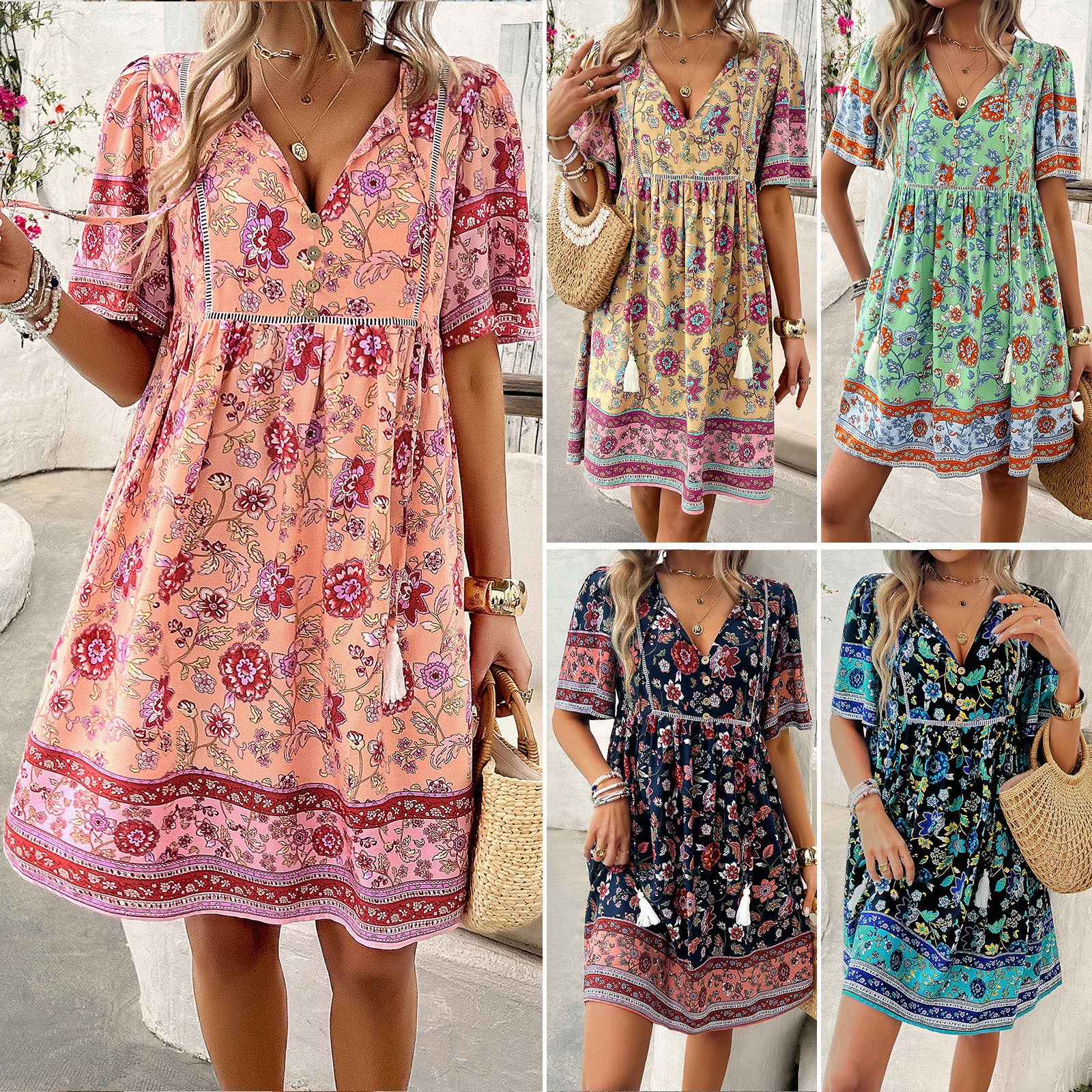 Women Clothing Shein Spring Summer Casual Holiday Floral Print Short Sleeve Dress