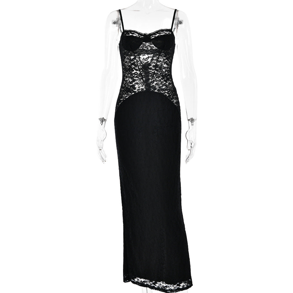 Women Clothing Lace See through Sling Dress Sexy Party Evening Maxi Dress Autumn